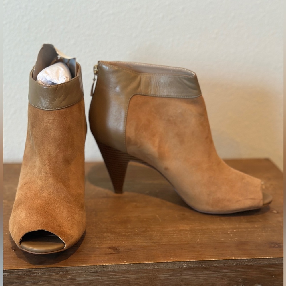Alfani Stassi Camel Suede Open Toe Bootie size 10